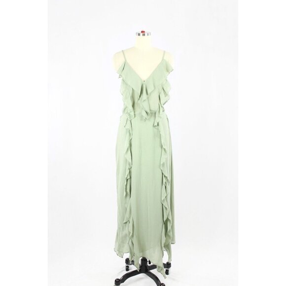 NWT ZARA Sea Green Chiffon Ruffle Cascading Long V-Neck Maxi Dress, Size L - Picture 1 of 16